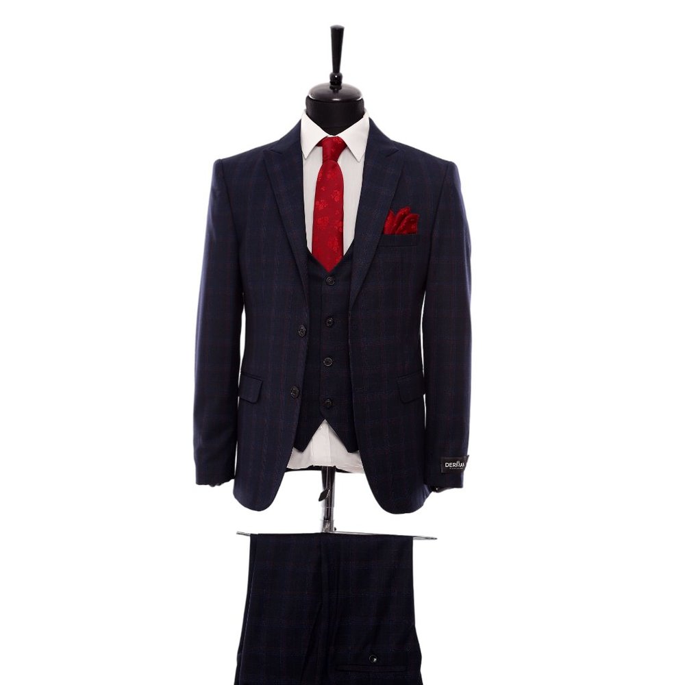 Premium Turkish Suit, Plaid Peak Lapel 3-piece, DARK Blue/ Red